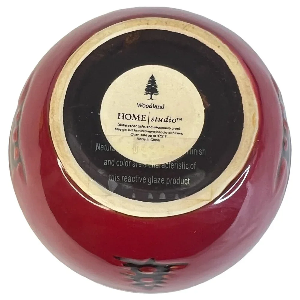 2 Home Studio Woodland‎ Rustic Red Bowl Berry Set Bear Pine Tree 4.5 IN Ceramic